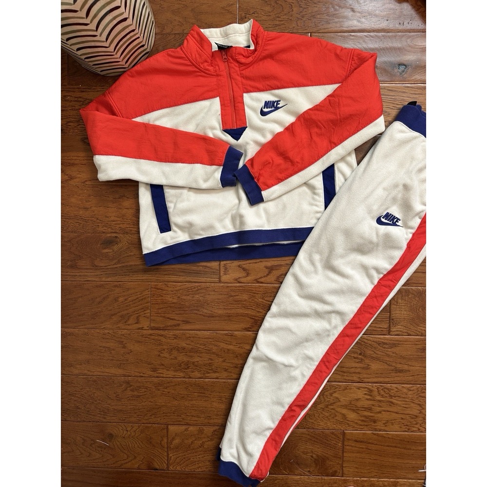 Nike Womens Vintage Style Fleece Tracksuit Set 1/4 Zip Pullover Pants Red Blue L